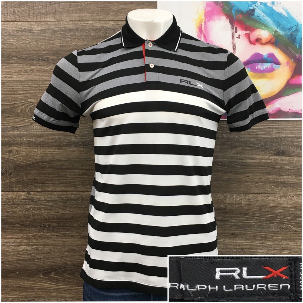 RLX Ralph Lauren Mens Performance Golf Polo Shirt Black Grey White Striped M
